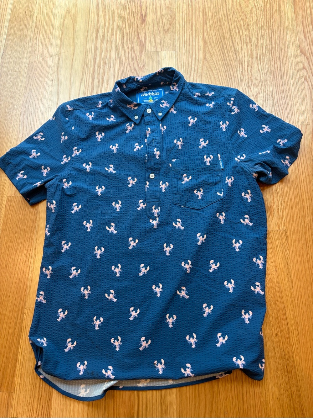 chubbies Navy Short Sleeve Polo with Pink Lobster Print